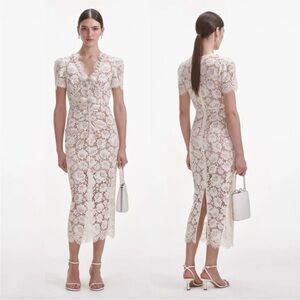 Self Portrait Fine Lace Pearl Midi Dress Cream Size 8 NWT Short Sleeve Bridal